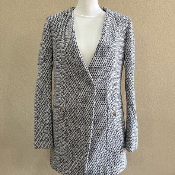 ZARA NAVY & ECRU LONG JACQUARD BLAZER JACKET WITH ZIPPED POCKETS SZ M CAREER EUC - Picture 4 of 16